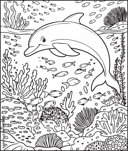 Adorable dolphin underwater scenery coloring page for kids, Black line art vector illustration for children book design