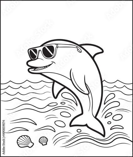 Cute dolphin wearing sunglass and jumping on water coloring page for kids, Black line art vector illustration for children book design
