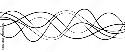 Abstract design featuring thin, elegant wave black lines flowing gracefully across a clean white background. The lines should appear delicate and dynamic, with smooth curves and varying opacity.