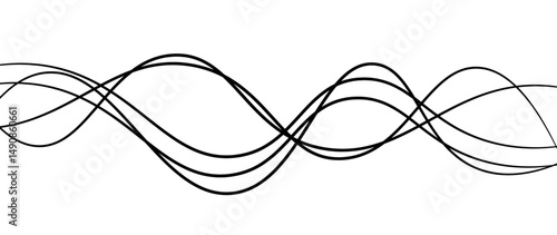 Abstract design featuring thin, elegant wave black lines flowing gracefully across a clean white background. The lines should appear delicate and dynamic, with smooth curves and varying opacity.