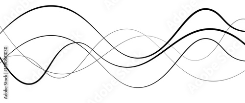 Abstract design featuring thin, elegant wave black lines flowing gracefully across a clean white background. The lines should appear delicate and dynamic, with smooth curves and varying opacity.