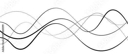 Abstract design featuring thin, elegant wave black lines flowing gracefully across a clean white background. The lines should appear delicate and dynamic, with smooth curves and varying opacity.