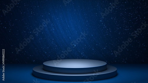 technology blue background of exhibit booth stage and glowing light and rays