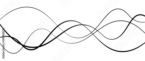 Abstract design featuring thin, elegant wave black lines flowing gracefully across a clean white background. The lines should appear delicate and dynamic, with smooth curves and varying opacity.