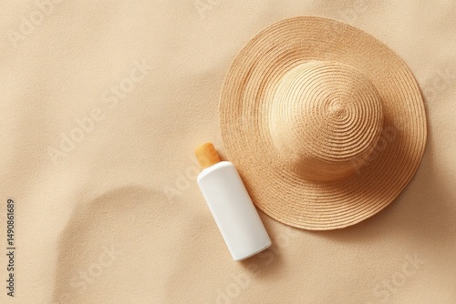 sunhat and sunscreen bottle placed on minimalist sand surface with abundant copy space for text placement