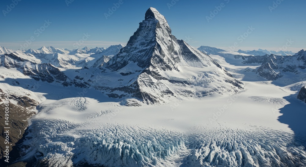 Naklejka premium Majestic Snowy Mountain Peak and Glacier Landscape - A breathtaking panorama of a majestic snow-capped mountain peak towering over a vast, pristine glacier. Symbolizing nature's grandeur