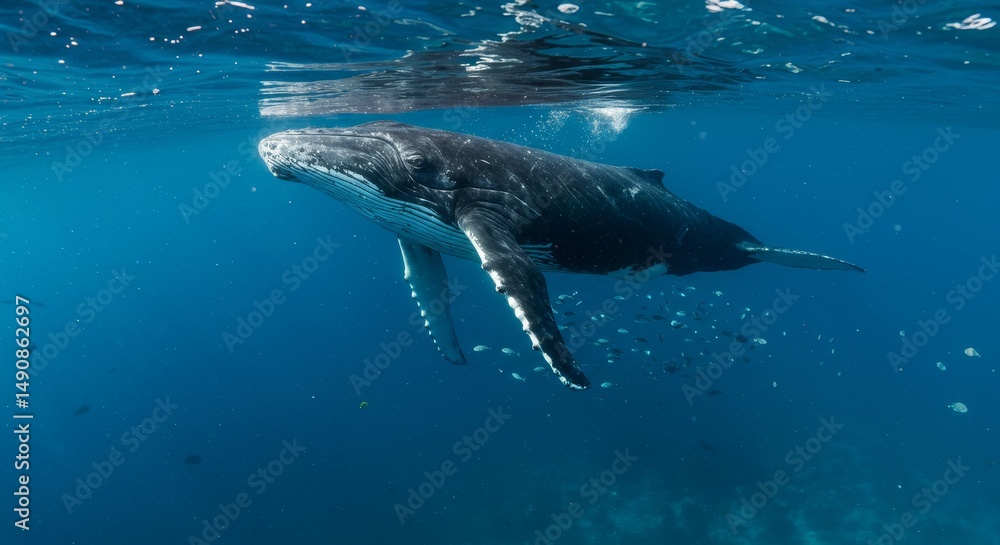 Fototapeta premium Majestic Whale Underwater Scene - A humpback whale gracefully swims beneath the ocean surface, surrounded by small fish. Symbolizing freedom, wonder, the ocean's vastness, marine life