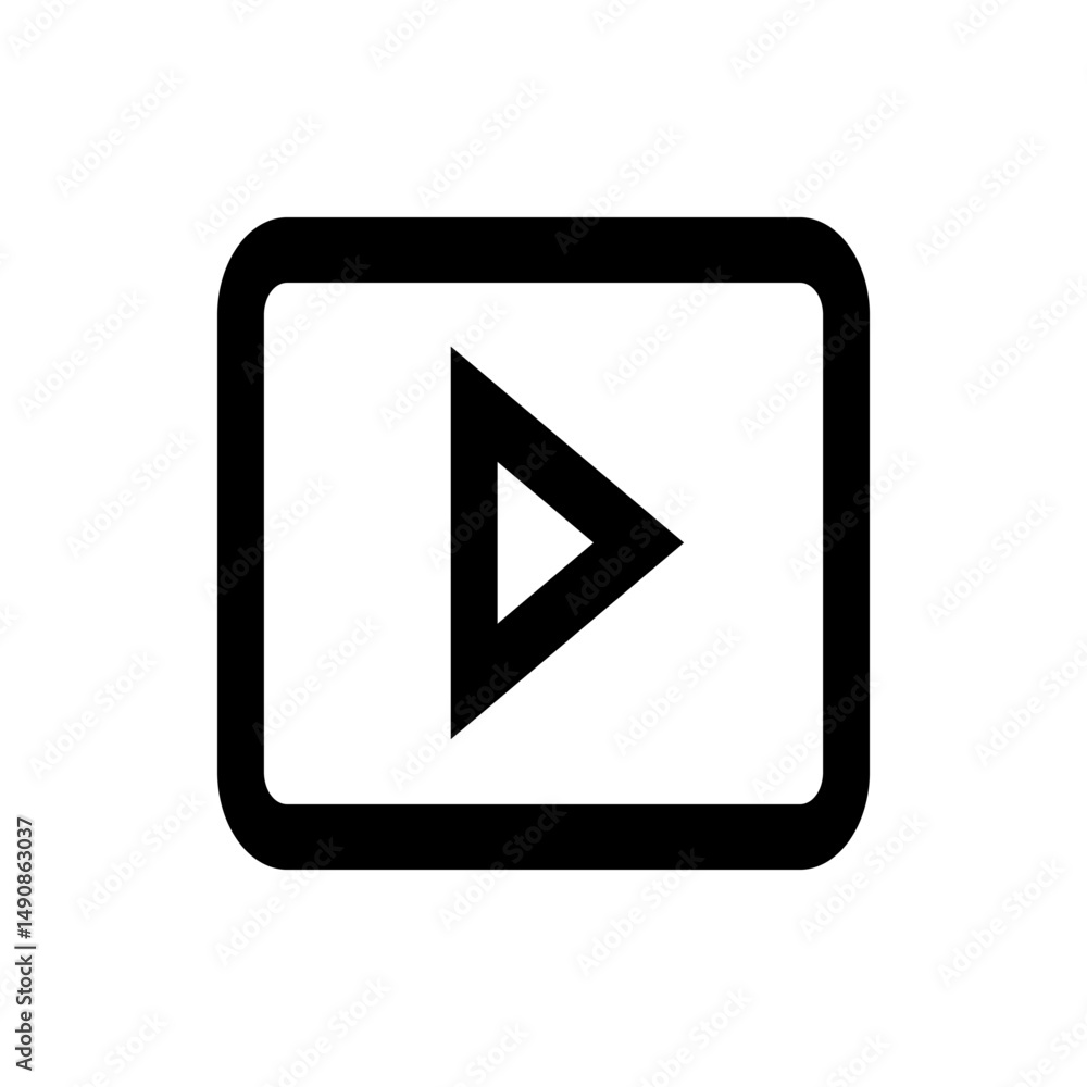 A simple black and white play button icon inside a rounded rectangle frame for media player interface design A simple black and white play button icon inside a rounded rectangle frame for media player interface design