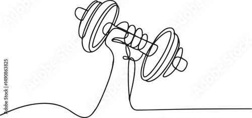 One line drawing of a hand gripping a dumbbell mid-lift with curved motion lines, minimalist gym power and strength illustration

