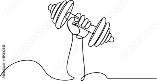 One line drawing of a hand gripping a dumbbell mid-lift with curved motion lines, minimalist gym power and strength illustration

