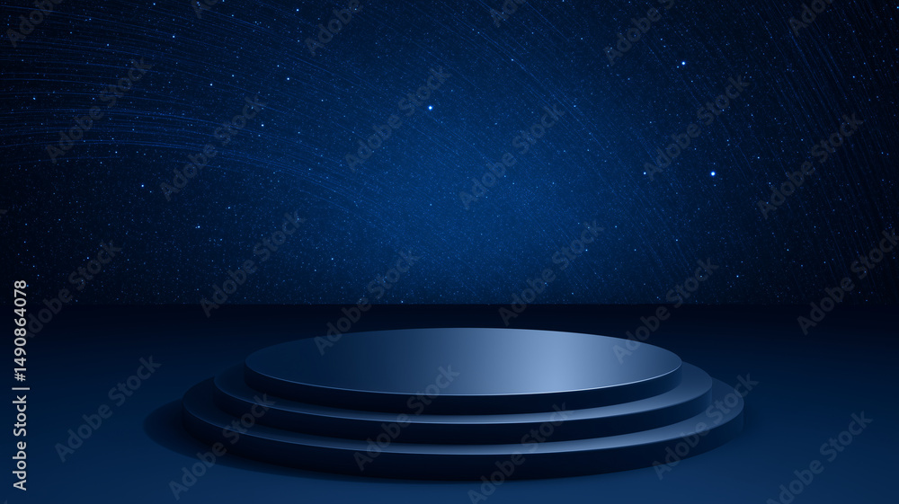 Fototapeta premium technology blue background of exhibit booth stage and glowing light and rays