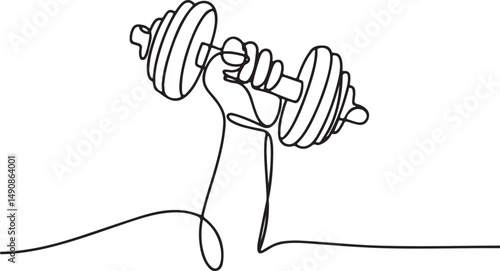 One line drawing of a hand gripping a dumbbell mid-lift with curved motion lines, minimalist gym power and strength illustration

