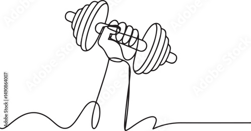 One line drawing of a hand gripping a dumbbell mid-lift with curved motion lines, minimalist gym power and strength illustration


