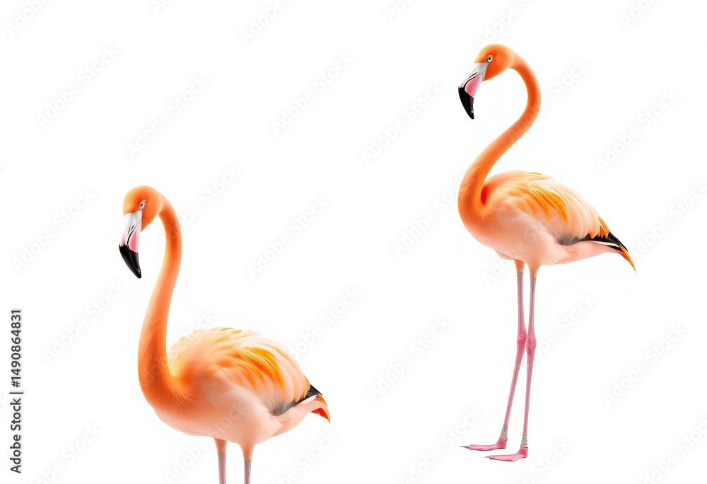 Obraz premium Two pink flamingos standing, isolated on white background, flamingo, bird