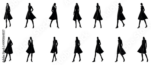 A set of Faceless model posing mid-step in fashion boots and long coat, models in various poses and actionsclean shadow style.