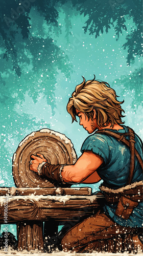 Vector Illustration of Young Medieval Craftsman Sharpening Blade on Stone Wheel in Winter Forest Scene with Snowfall Historical Fantasy Artisan Skillful Professional Art