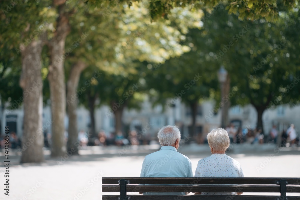 elderly couple sitting on park bench under shade of old trees with people blurred in background elderly couple sitting on park bench under shade of old trees with people blurred in background
