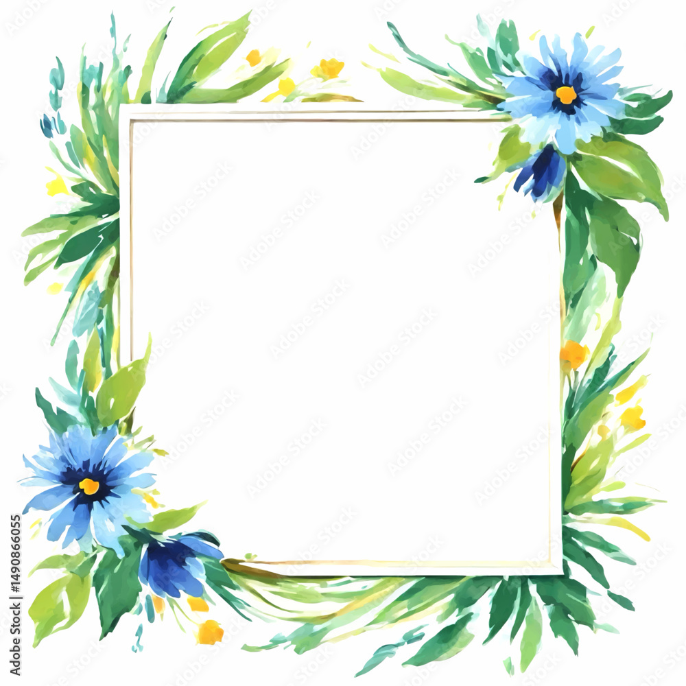 Obraz premium watercolor picture frame pattern with cornflowers and leaves for insertion
