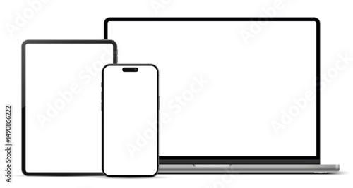 Laptop computer, tablet pc and mobile phone mockup front view, digital devices screen template isolated with transparent background - stock vector