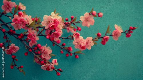 Japanese retro graphic of cherry blossoms, grainy texture, vintage feel and colour