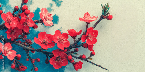 Japanese retro graphic of cherry blossoms, grainy texture, vintage feel and colour