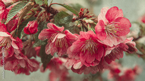 Japanese retro graphic of cherry blossoms, grainy texture, vintage feel and colour