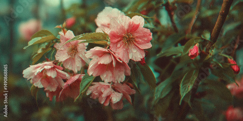 Japanese retro graphic of cherry blossoms, grainy texture, vintage feel and colour