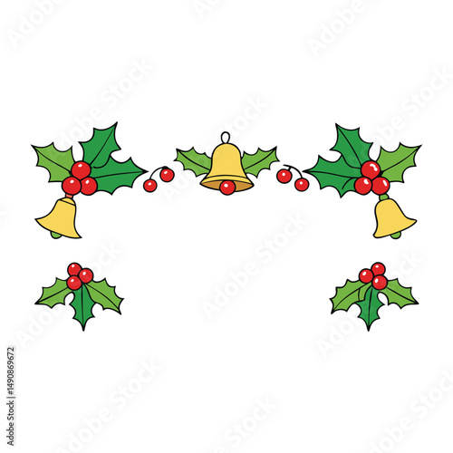 Festive Christmas border with holly leaves and golden bells, perfect for cards or invitations. Classic holiday cheer in vibrant green, red, and gold accents.