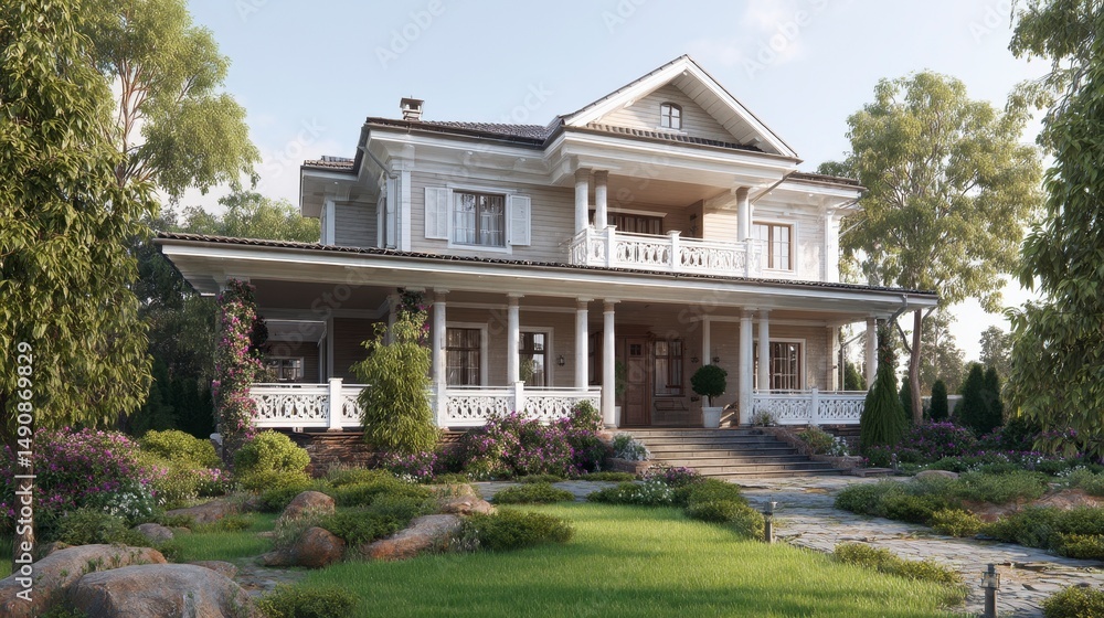 Fototapeta premium Exterior view of a large residential home with landscaping