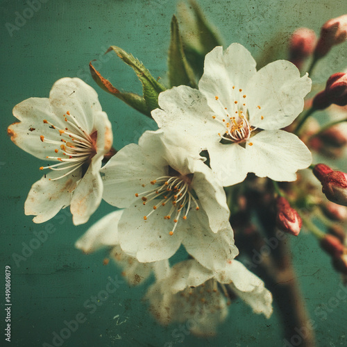 Japanese retro graphic of cherry blossoms, grainy texture, vintage feel and colour