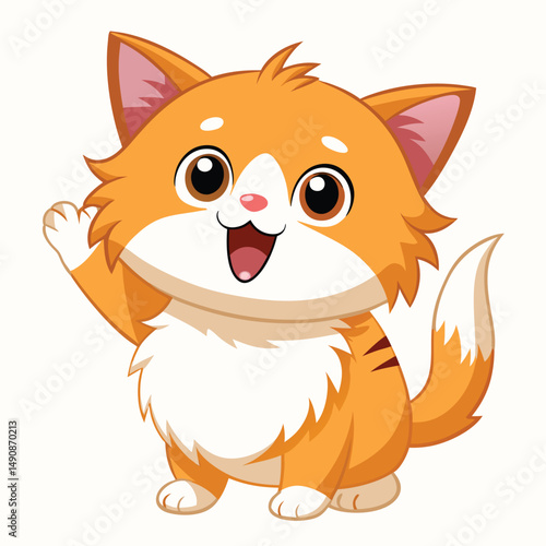 A fluffy golden tabby cat with a flat face and grumpy expression is sitting upright on white background