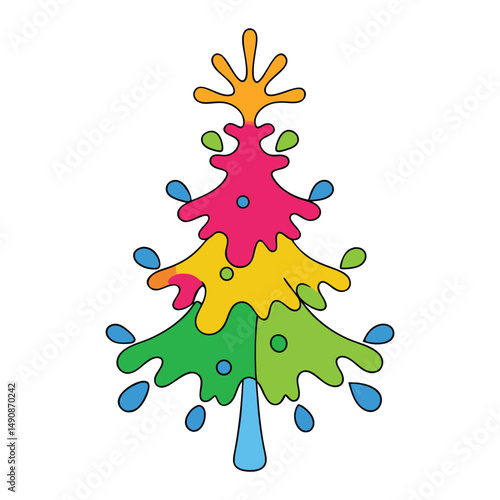 A vibrant Christmas tree made of colorful paint splashes, blending festive hues in an artistic, abstract design that bursts with holiday cheer and creative energy.

