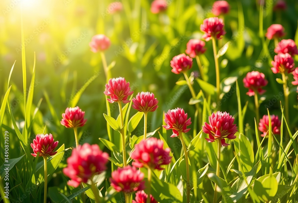 Sunlight illuminates vibrant red clover blossoms amidst lush green spring meadow grass, wallpaper, flora Sunlight illuminates vibrant red clover blossoms amidst lush green spring meadow grass, wallpaper, flora