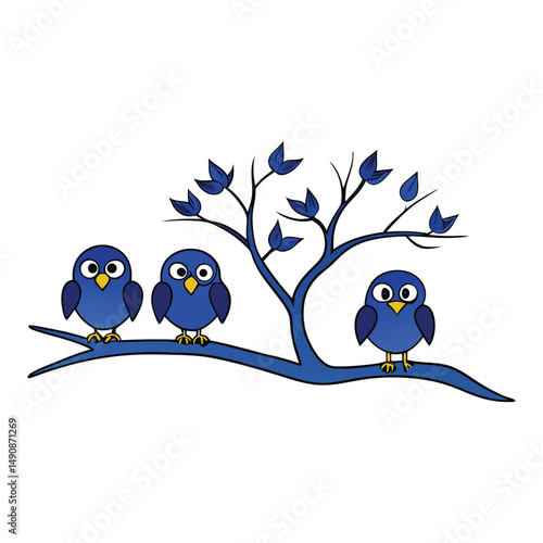 Four midnight-blue calling birds perch gracefully on the limbs of a bare tree, their silhouettes striking against the quiet stillness of a twilight sky.

