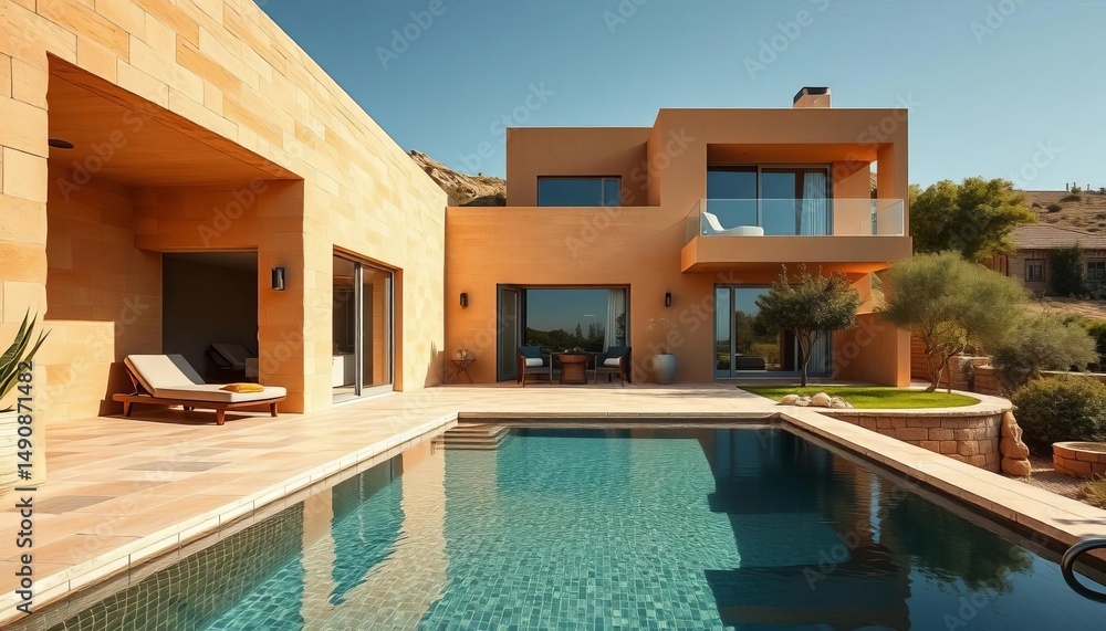 Fototapeta premium Sun-drenched modern villa, earthy tones, stone pool, minimalist balcony, clean, sunlight
