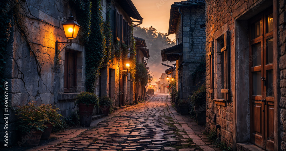 Naklejka premium A quiet, forgotten village street glows faintly at dusk, with old houses under a fading sky.