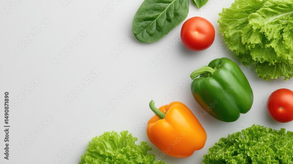 minimalistic layout of fresh vegetarian ingredients on clean white surface minimalistic layout of fresh vegetarian ingredients on clean white surface