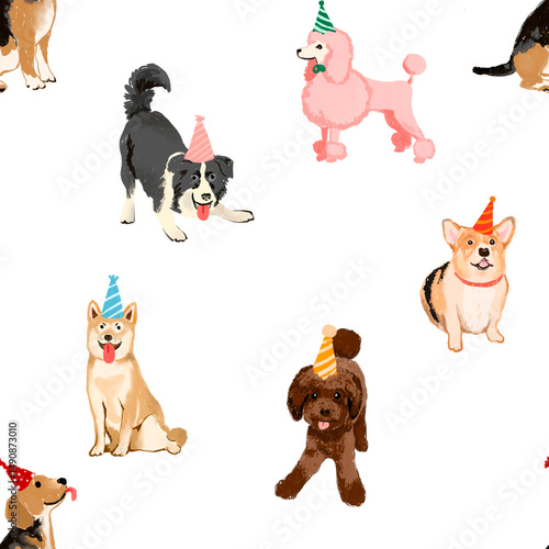 Canvas Print Seamless pattern of hand drawn illustrations of dogs, pets, wearing party hats, celebrating and having fun, on transparent background