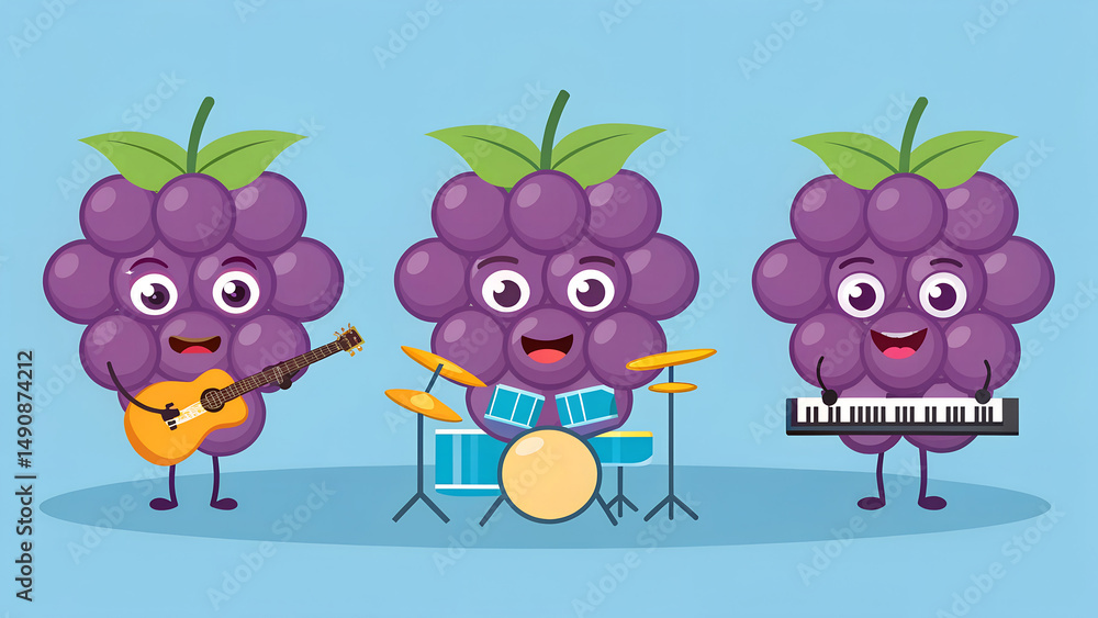 Obraz premium Cute cartoon grape band playing music guitar drums and keyboard vector design