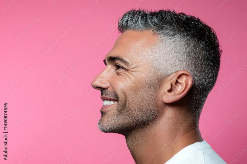 Obraz premium A glowing and peaceful man expressing warmth. Pink solid background. Modish men's fade haircut - midlife middle eastern man with short hair. Concept art of style for aging men.