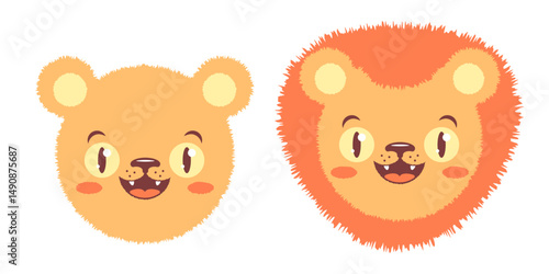 Vector set of lion head for baby room decor. Male and female lion head for kids.