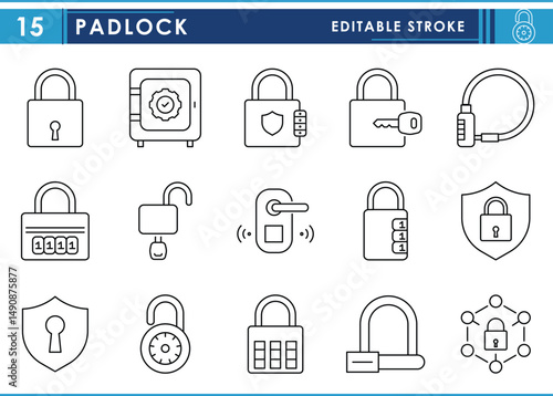 A set of line icons related to Padlock. Lock, security, password, key, door, and so on. Vector editable stroke.