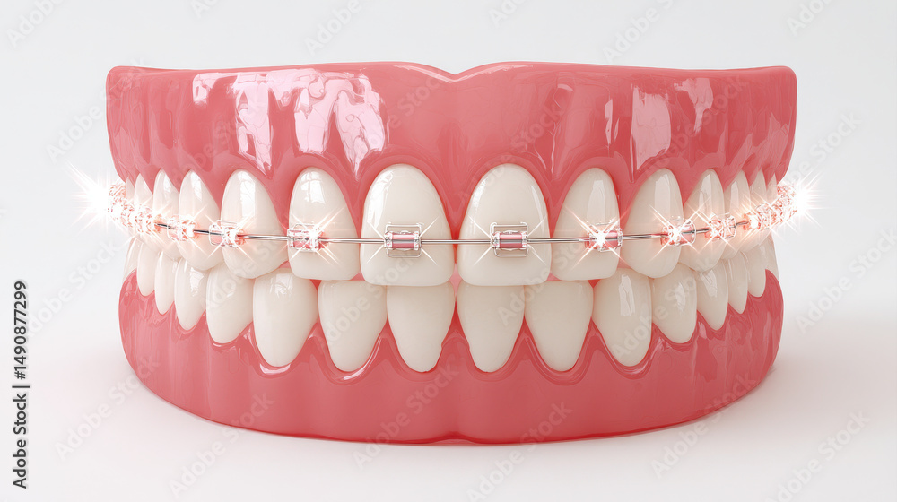 Obraz premium Detailed model of mouth showcasing straight white teeth with braces, sparkling clean and well aligned, representing dental care and orthodontics. image conveys sense of confidence and health
