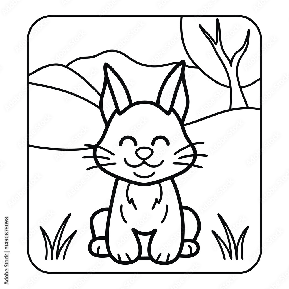 Obraz premium Joyful Hare in Cartoon Scene: A charming cartoon illustration of a cheerful hare, set against a serene outdoor backdrop