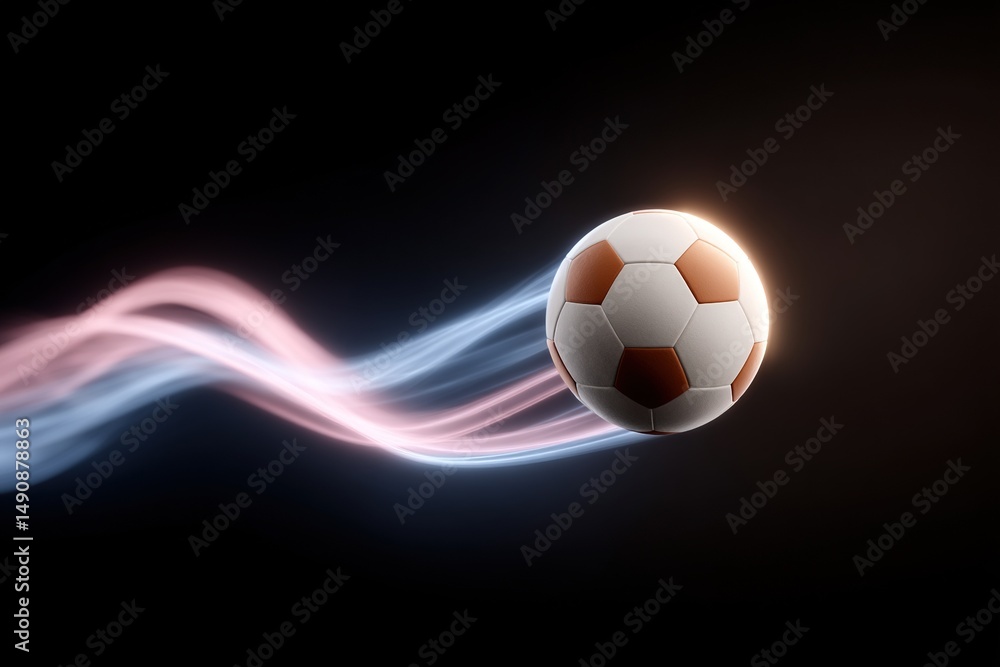Naklejka premium Soccer ball in motion with streaks of light on a dark background. Speed concept.