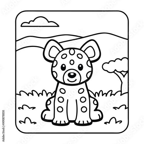 Cute Hyena in Cartoon Setting: A delightful illustration of a charming hyena, featuring endearing big eyes and distinctive spotted patterns, set against an environment of a peaceful backdrop.