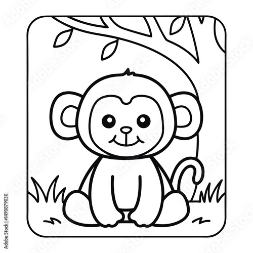Cute Monkey Illustration: An adorable cartoon monkey sits under a tree, perfect for children's books, coloring pages, or educational materials.