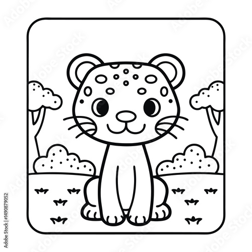 Cute Leopard Coloring Page: A simple, charming black and white illustration of a delightful leopard cub, designed for coloring, surrounded by a minimalist landscape.