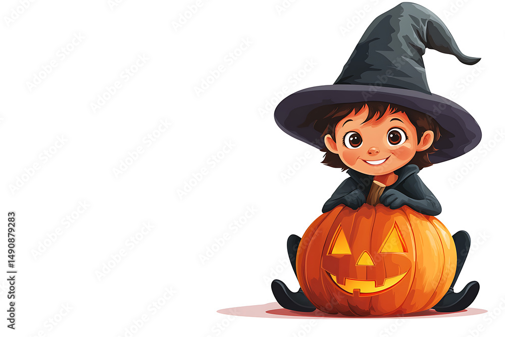 Fototapeta premium A cheerful child dressed as a witch sits on a carved pumpkin, celebrating Halloween joyfully