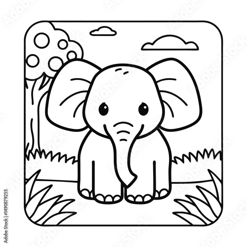 Adorable Elephant Illustration in Monochrome: A cute cartoon elephant illustration. capturing the joyful essence of the animal, rendered in monochrome